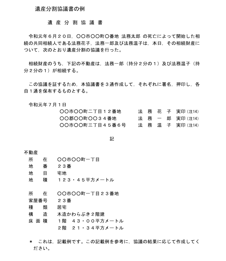 遺産分割協議書の例